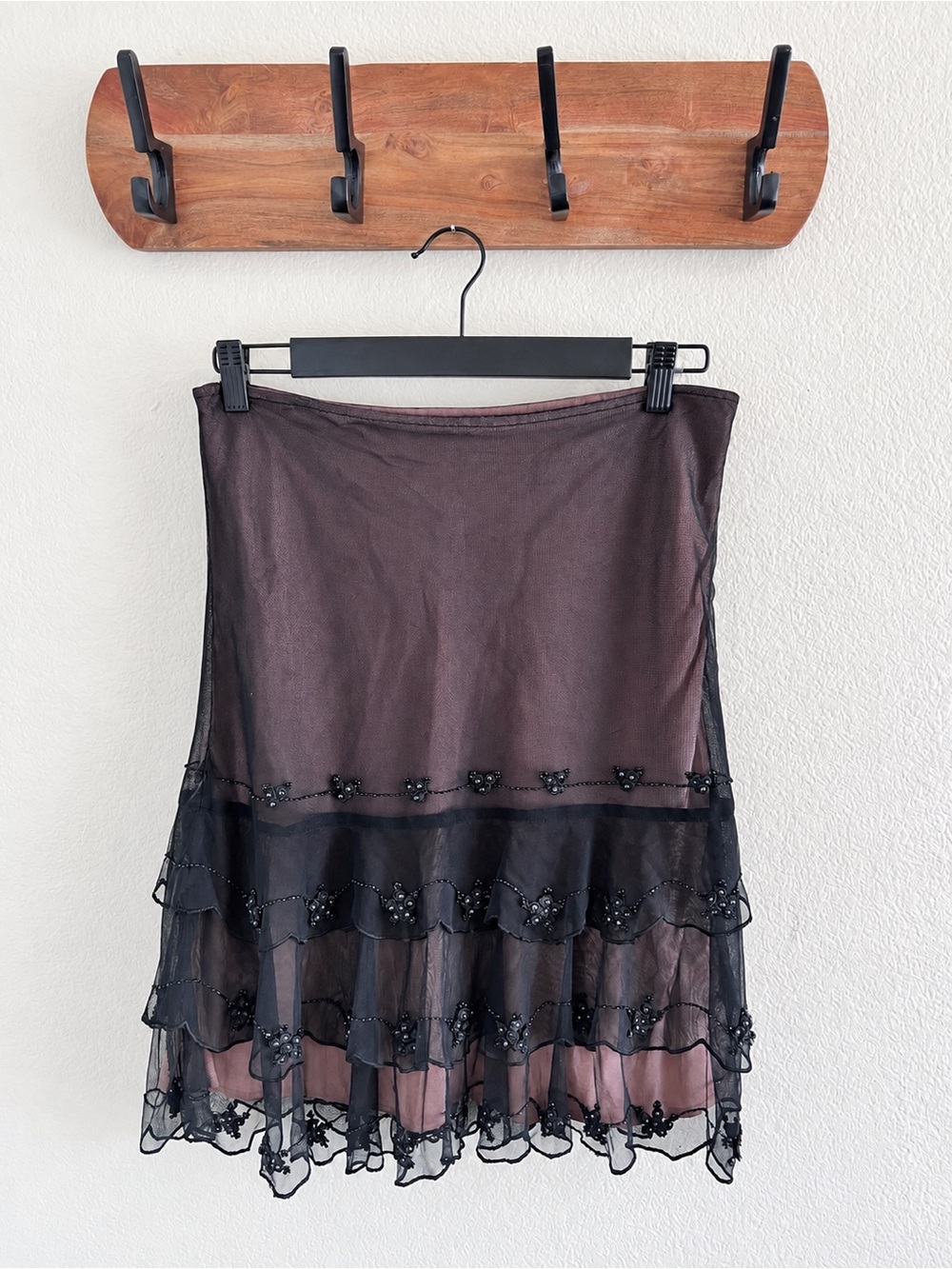 Anthropologie Odille Black Beaded Tiered Mesh Ruffle Skirt Size 6